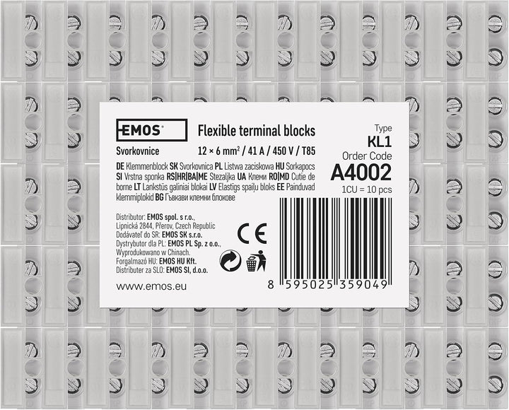 EMOS 10er Pack Anschlussklemme für 1,5 mm² - 6 mm² Draht, 10x Riegel mit 12 Stück, 450 V~/41 A, weis