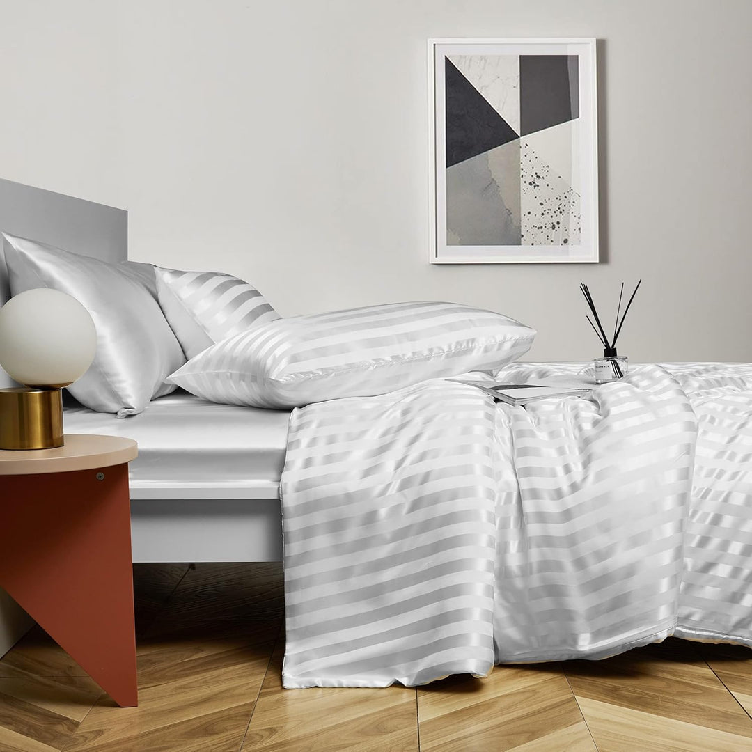 Damier Satin Bettwäsche 155x220 Weiss glatt gestreift Bettbezug Set 2 teilig Luxus Glanzsatin Decken