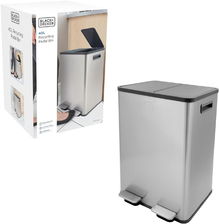 BLACK+DECKER BXBN0003GB 40L Duale Recyclingtonne mit Absenkautomatik, aus Edelstahl, 60 x 39,5 x 34