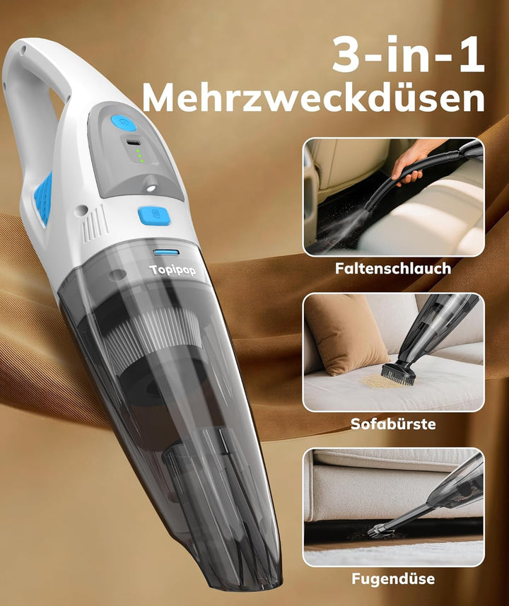 Topipop Handstaubsauger Akku mit 25000Pa Starke Saugkraft,Kabelloser Staubsauger mit HEPA-Filter & A