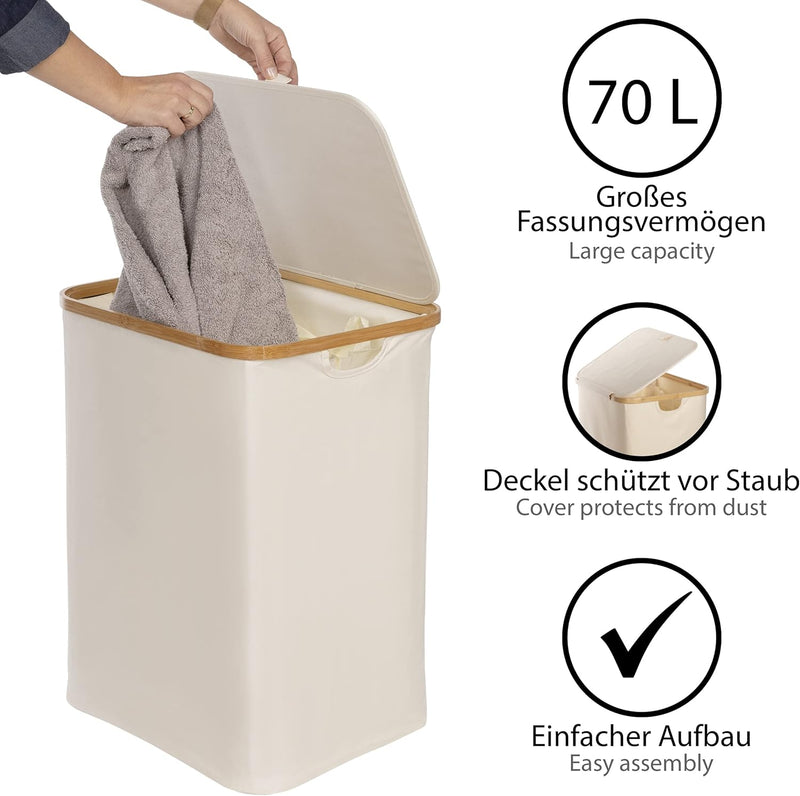 ONVAYA® Wäschekorb mit Deckel | 70 Liter | Beige | Wäschesammler fürs Badezimmer | Wäschetruhe aus B