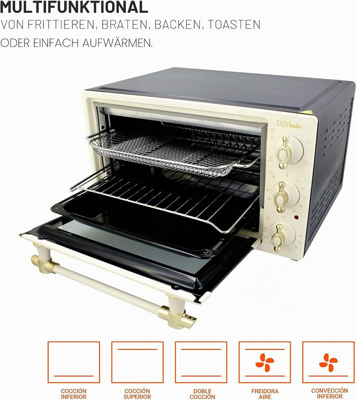 TM Electron EASYBAKE TMPHO020REB Mini Backofen Retro Design mit Fritteuse Funktion ohne Öl, 20 Liter