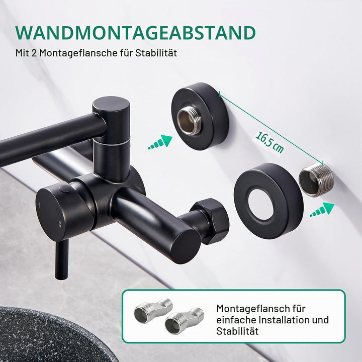 CREA Faltbare Wandarmatur für Küche, 360° Schwenkbar mit Zwei Griffen, Mischbatterie Spültischarmatu