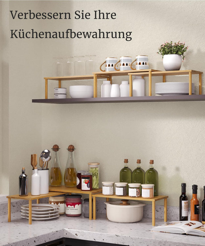 Fibogollo Bambus Schrank Organizer Ablage 3er Set, stapelbares Gewürzregal Gross Natur Braun Grossfo