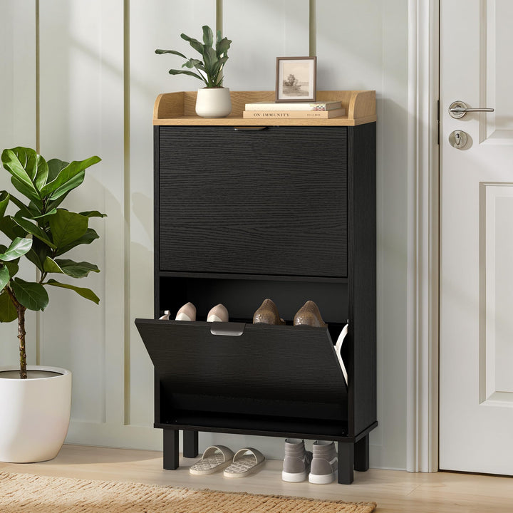 LUE BONA Schuhschrank schmal, Schuhschrank mit 2 Flip-Klappen, Schuhkipper mit Holzfüssen, Schuhrega