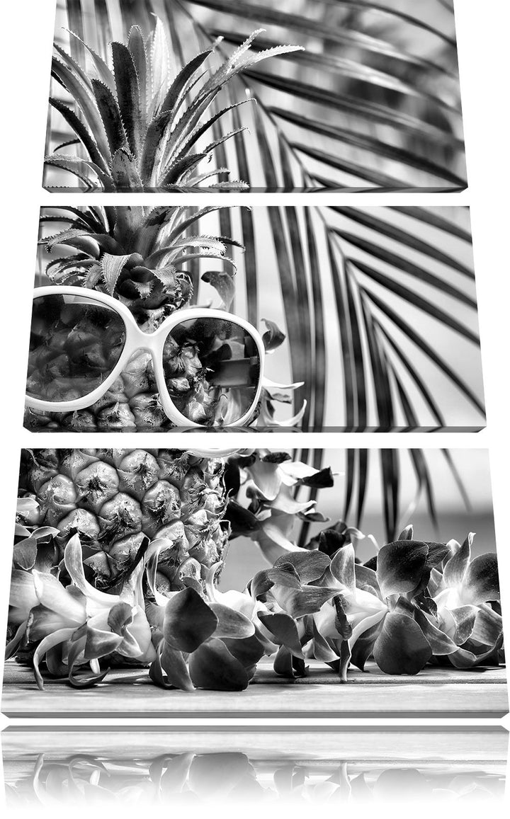 Pixxprint Monocrome, Ananas Urlaubsfeeling mit Sonnenbrille 3-Teiler Leinwandbild 120x80 Bild auf Le
