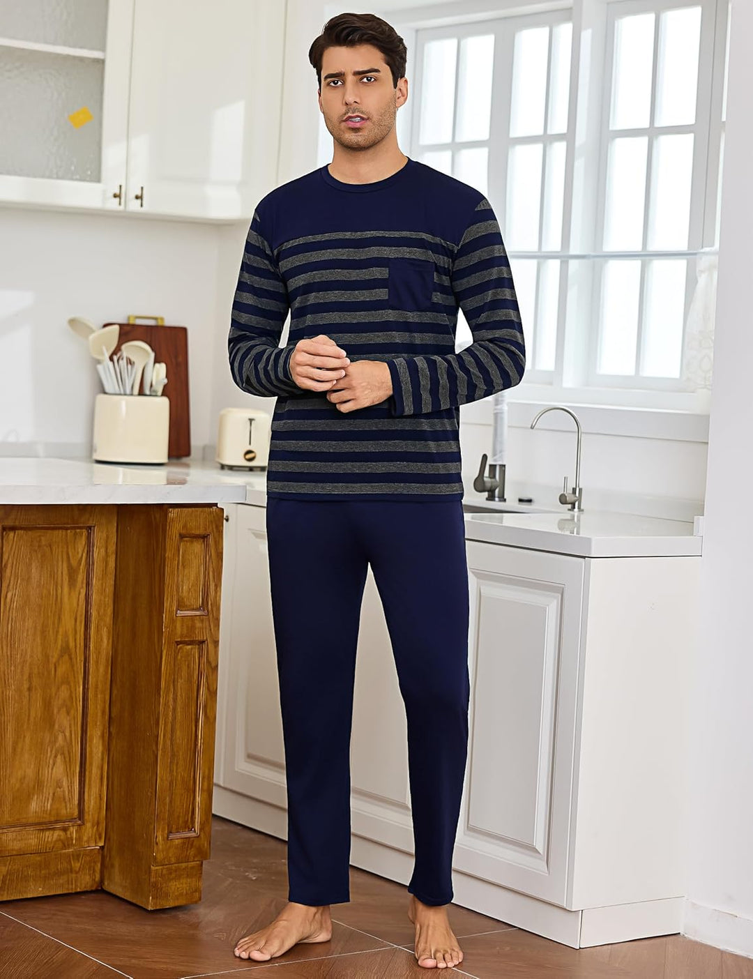 Irdcomps Schlafanzug Herren Pyjama Lang Winter Baumwolle Nachtwäsche Männer Set Langarm Gestreift M