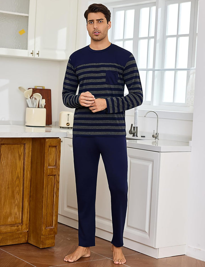 Irdcomps Schlafanzug Herren Pyjama Lang Winter Baumwolle Nachtwäsche Männer Set Langarm Gestreift M