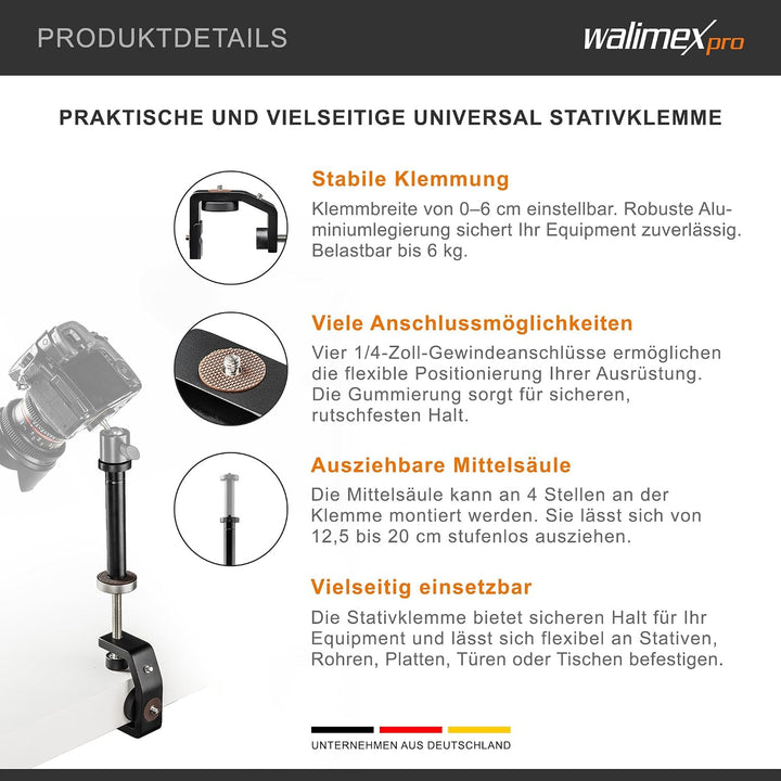 Walimex pro KX-20 Stativ Klemme – Klemmstativ, Blitzklemme, Aluminium, mit ausziehbarer Mittelsäule