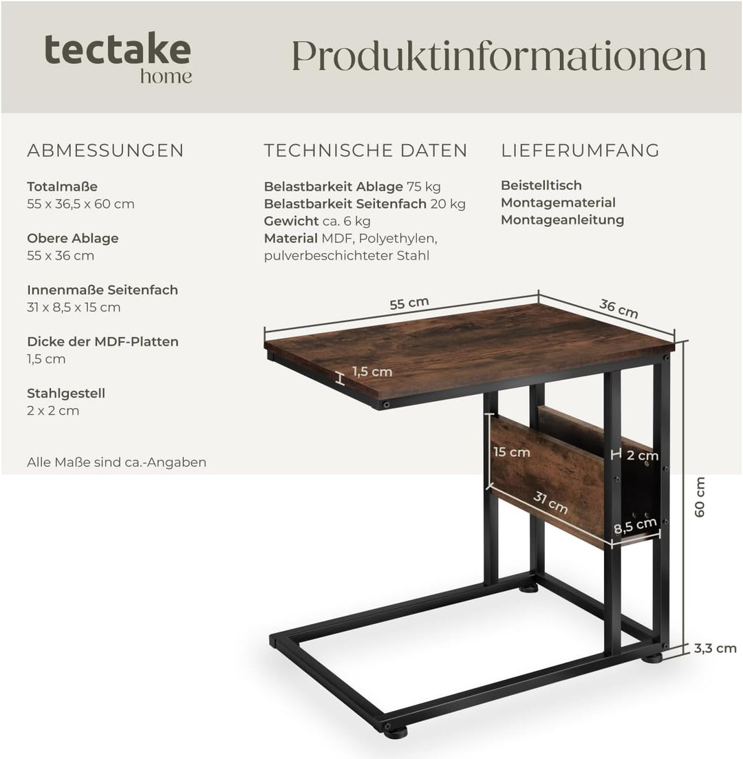 tectake® Beistelltisch Holz Metall, Wohnzimmertisch, Couchtisch C-Form, Laptoptisch für Couch, Bettt