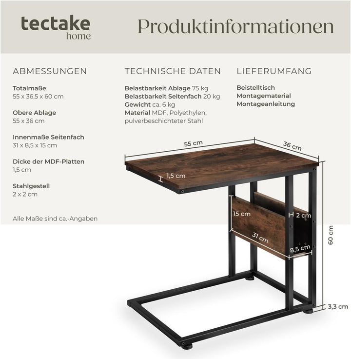 tectake® Beistelltisch Holz Metall, Wohnzimmertisch, Couchtisch C-Form, Laptoptisch für Couch, Bettt