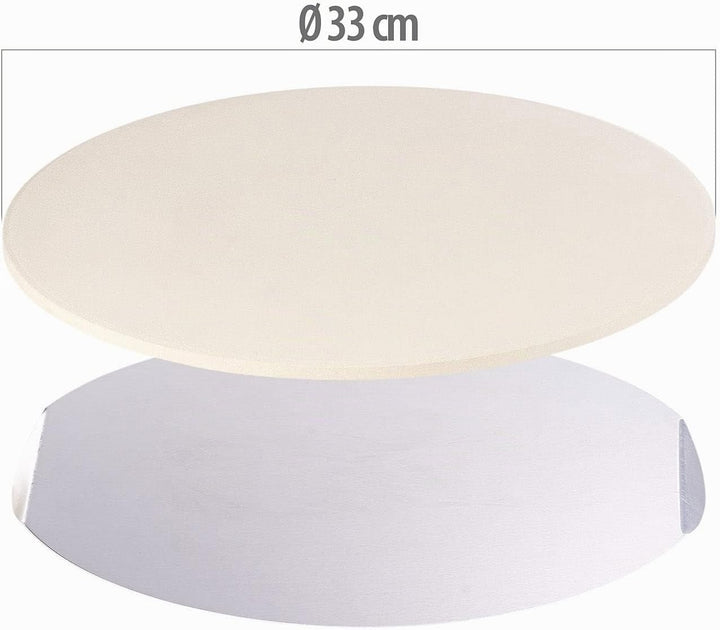 Pizzabackstein: Runder Pizzastein mit Aluminium-Servierblech, Ø 33 cm (Steinbackofen-Pizza-Platten,