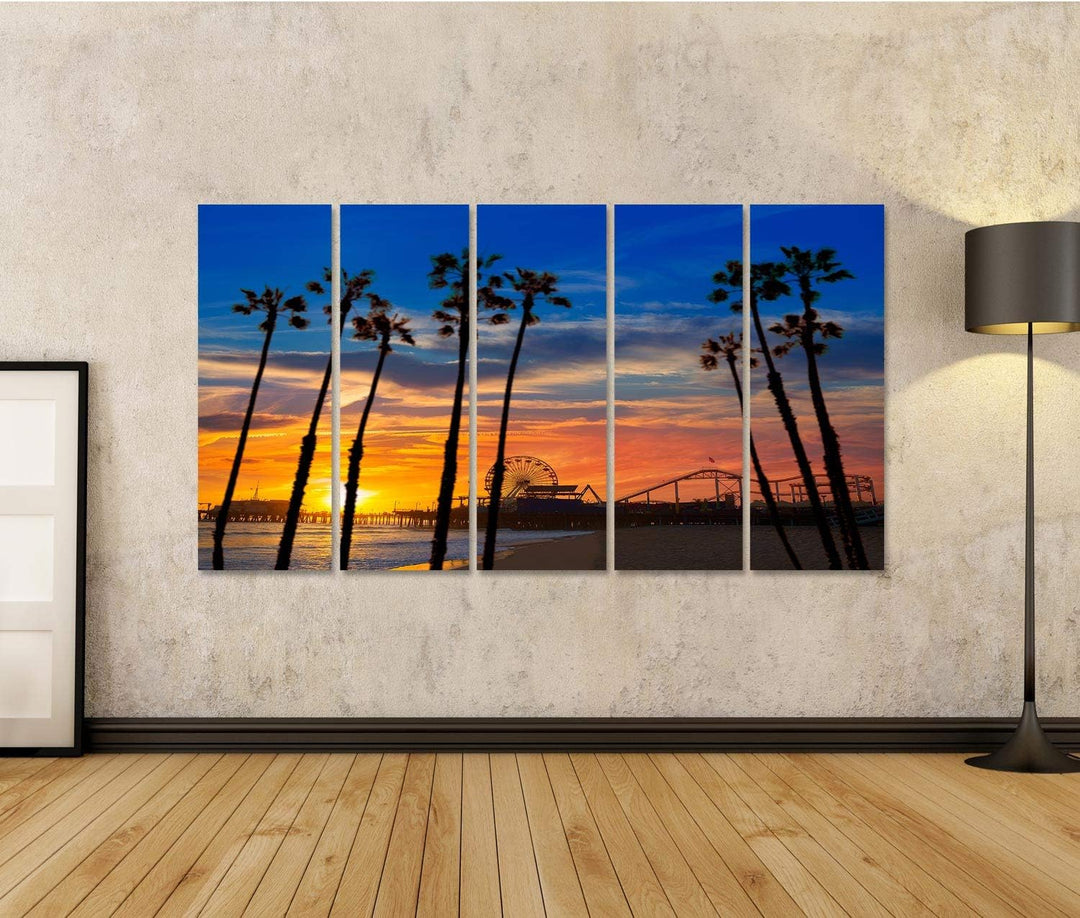 islandburner Bild auf Leinwand Santa Monica Kalifornien Sonnenuntergang Pier Fähren Rad Reflexion St