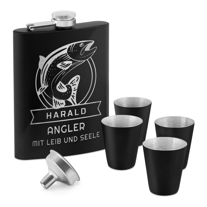 Maverton Flachmann Set 200 ml mit Gravur - Taschenflasche + 4 Schnapsgläsern 20 ml mit Trichter - Br
