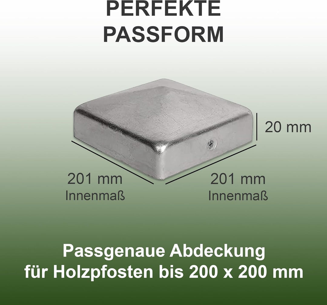 h2i Pfostenkappe | Edelstahl | 201 x 201 mm | 1 Stück | Eckige Abdeckkappe für Garten Holzpfosten Pf