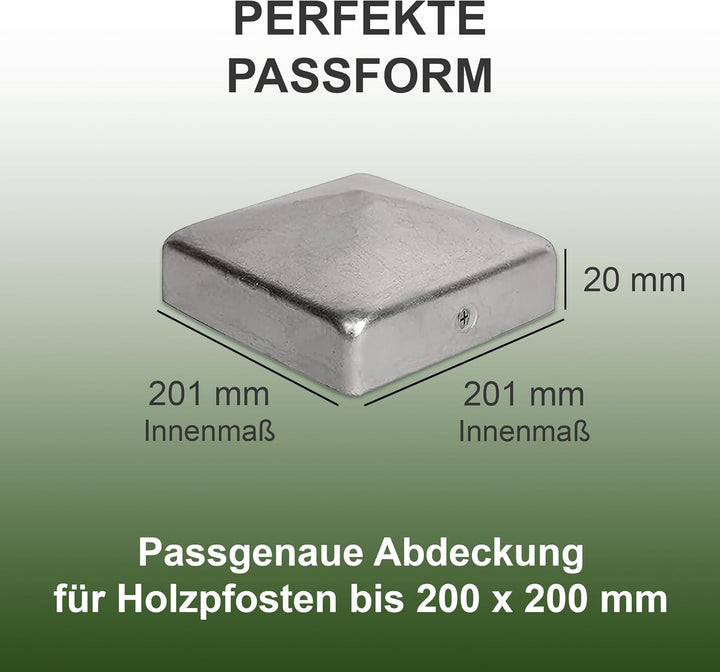 h2i Pfostenkappe | Edelstahl | 201 x 201 mm | 1 Stück | Eckige Abdeckkappe für Garten Holzpfosten Pf