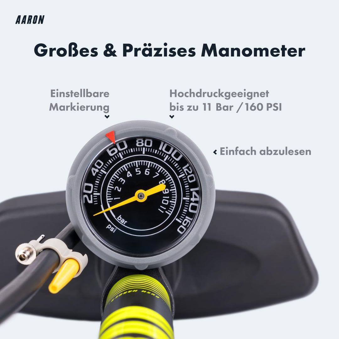 AARON Sport One Fahrrad Standpumpe mit Manometer für alle Ventile | Hochdruck Fahrradpumpe inkl. Bal