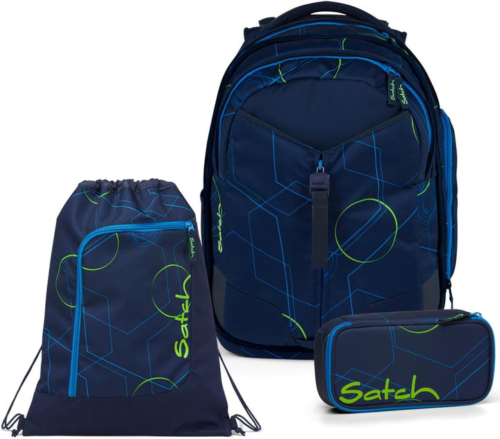 Satch Match Schulrucksack Set 3tlg. inkl. Schlamperbox und Sportbeutel Blue Tech, Blue Tech