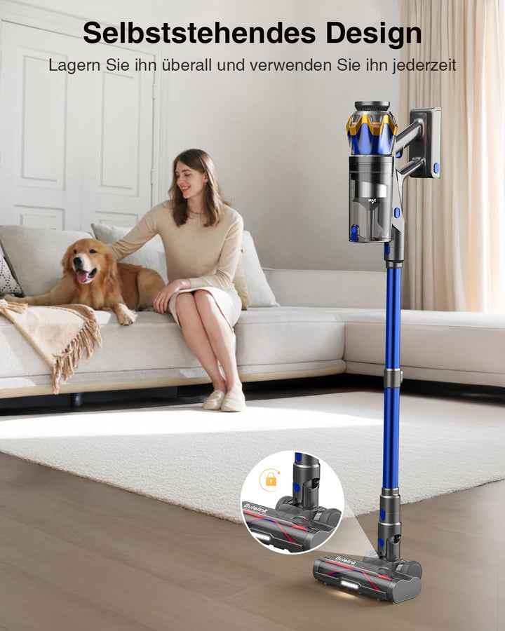 Akku Staubsauger 48000Pa/580W/65Min, 1,8L Staubsauger Kabellos mit Display, Anti-Tangle-Bürste, Selb