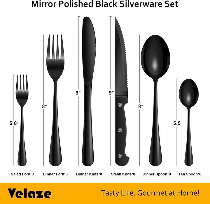 Velaze Besteck Set Schwarz 8 Personen, 48 teilig Besteckset mit Steakmesser, Glänzendes Essbesteck S