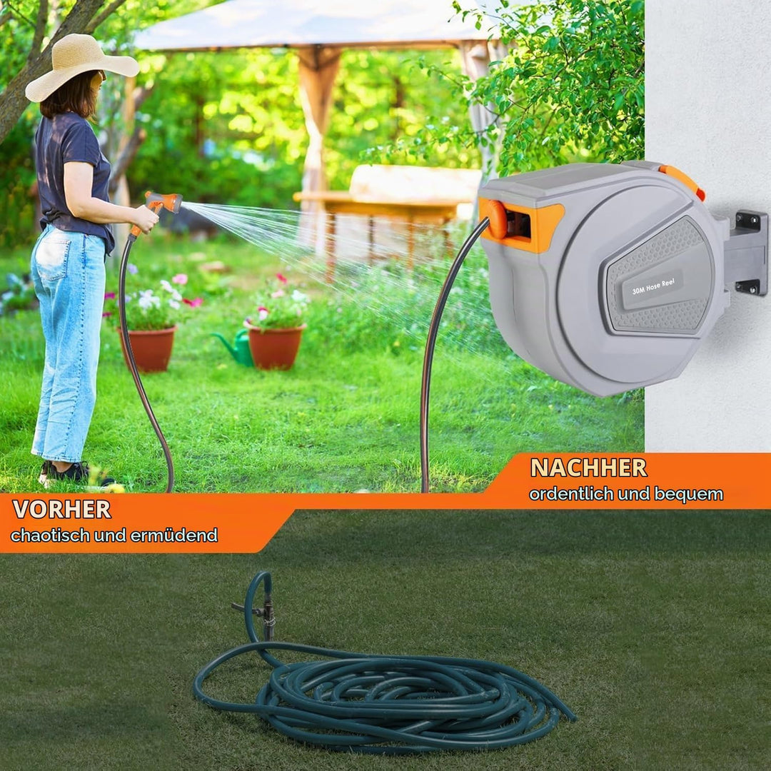 TLGREEN Schlauchtrommel Wasser 30m, Schlauchaufroller mit 9-Funktionen Handbrause und Gartenschlauch