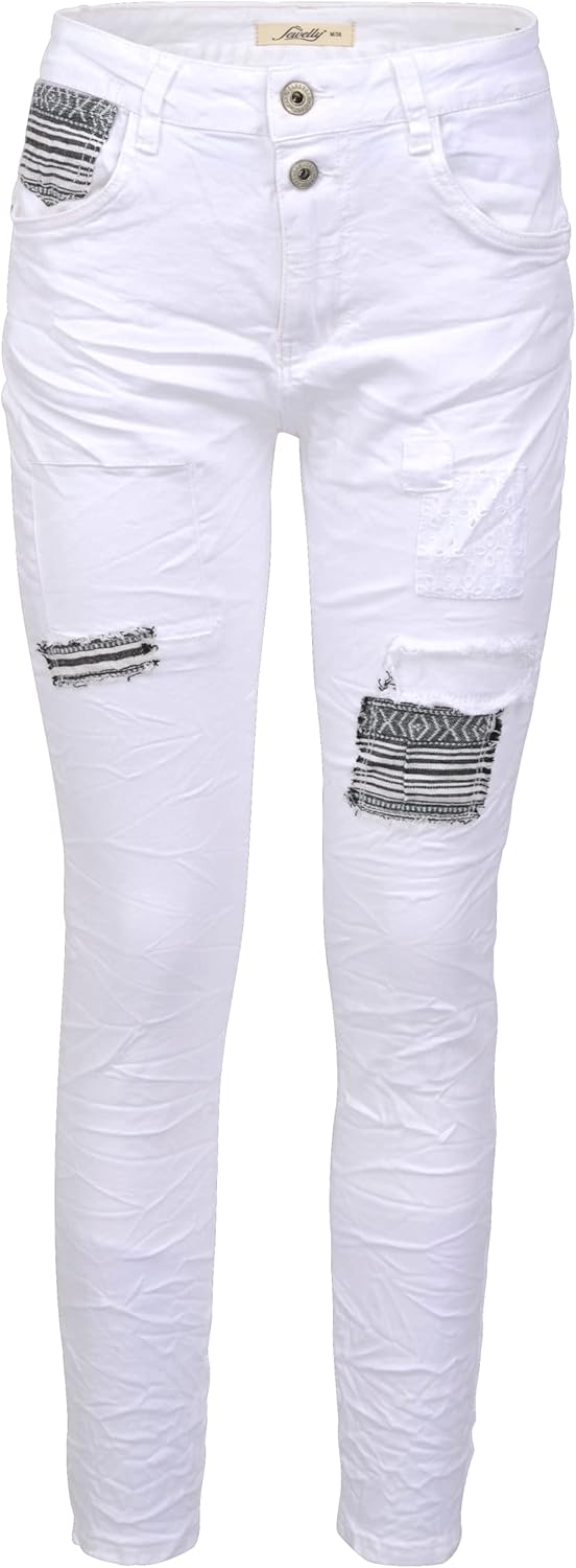 Jewelly Damen Stretch Boyfriend Jeans - Patches Aufnäher - Five-Pocket im Crash-Look 34 Weiss, 34 We