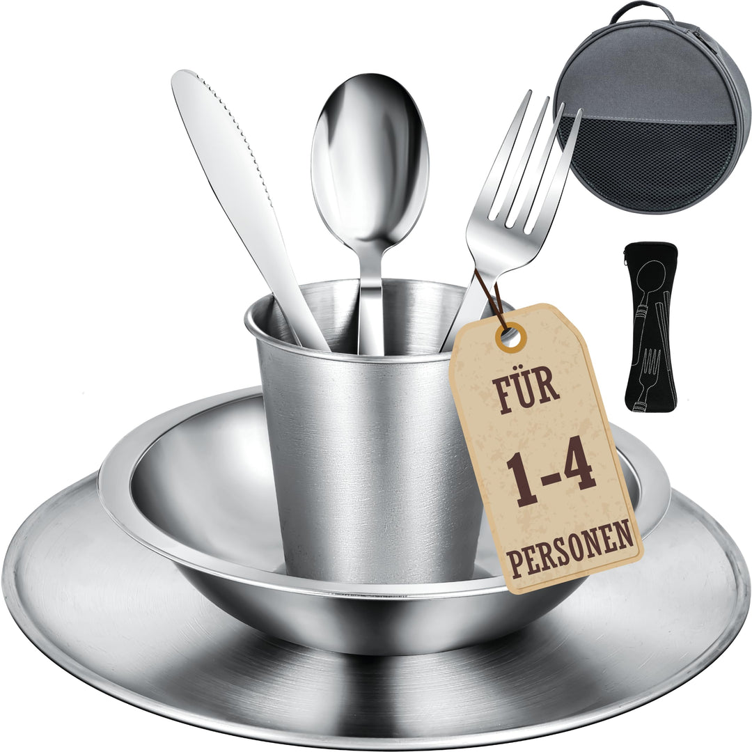 Campingbesteck Set – Camping Geschirr Set mit Edelstahl Besteckset, Teller, Schale und Gläser. Inklu