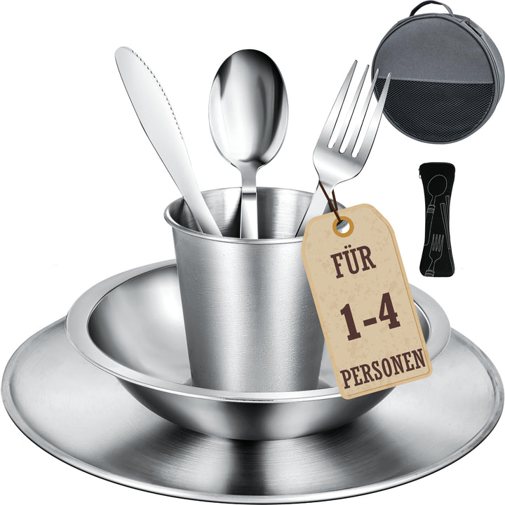 Campingbesteck Set – Camping Geschirr Set mit Edelstahl Besteckset, Teller, Schale und Gläser. Inklu