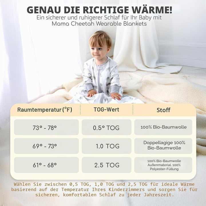 Mama Cheetah Baby Schlafsack mit Ärmeln, 1,0 TOG 2er-Pack 100% Bio-Baumwolle Wearable Blanket und Zw