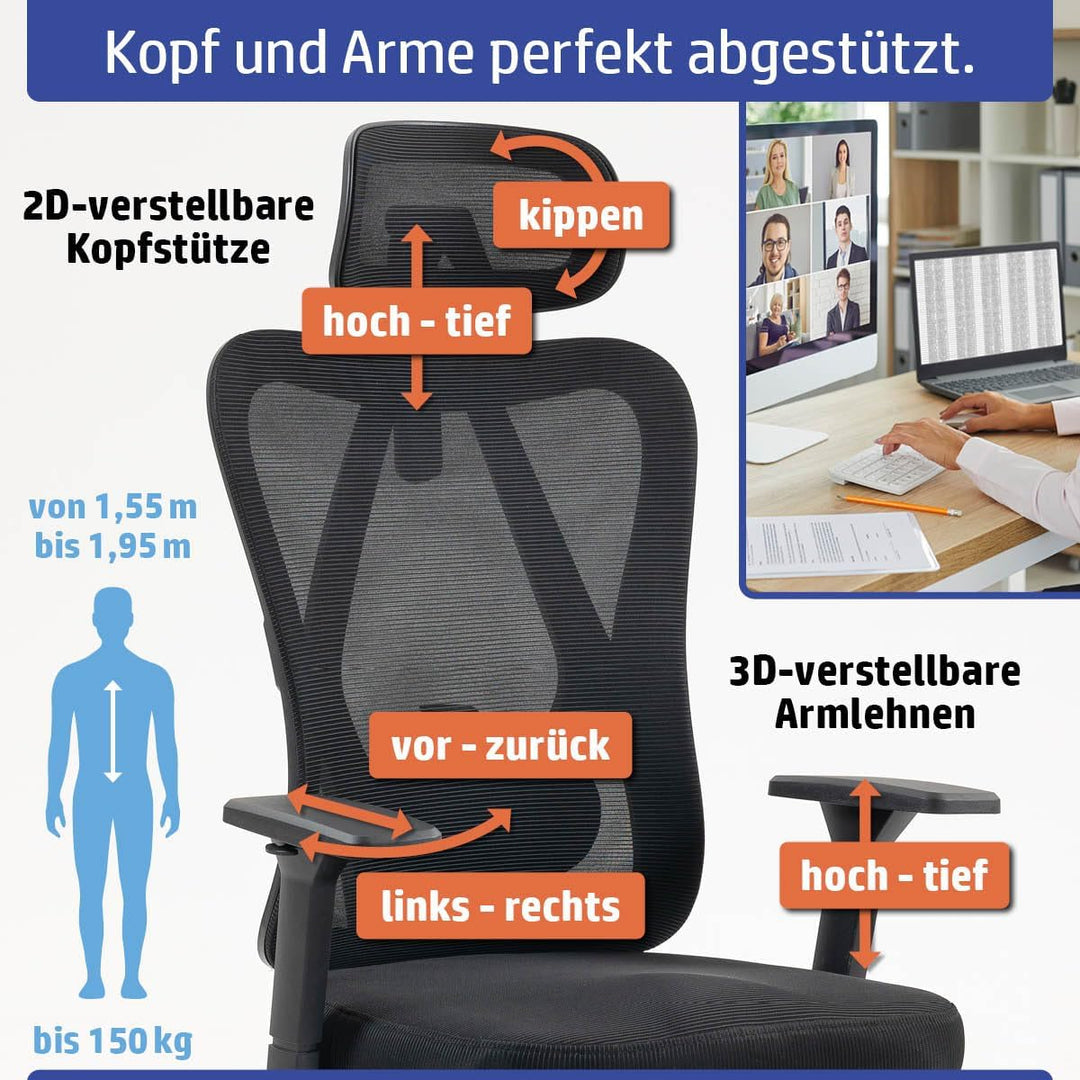 Bürostuhl Schreibtischstuhl | verstellbare Armlehnen & Kopfteil | 6 Modelle | Ergonomisch | stufenlo