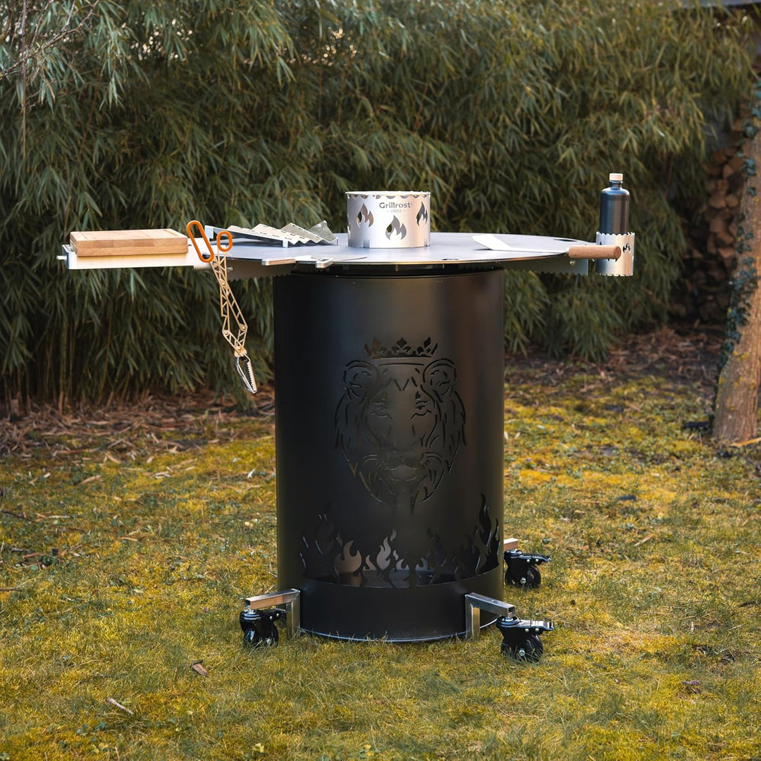 Grillrost.com Das Original Edelstahl Rollwagen für Feuertonnen - Mach Deine Feuertonne mobil