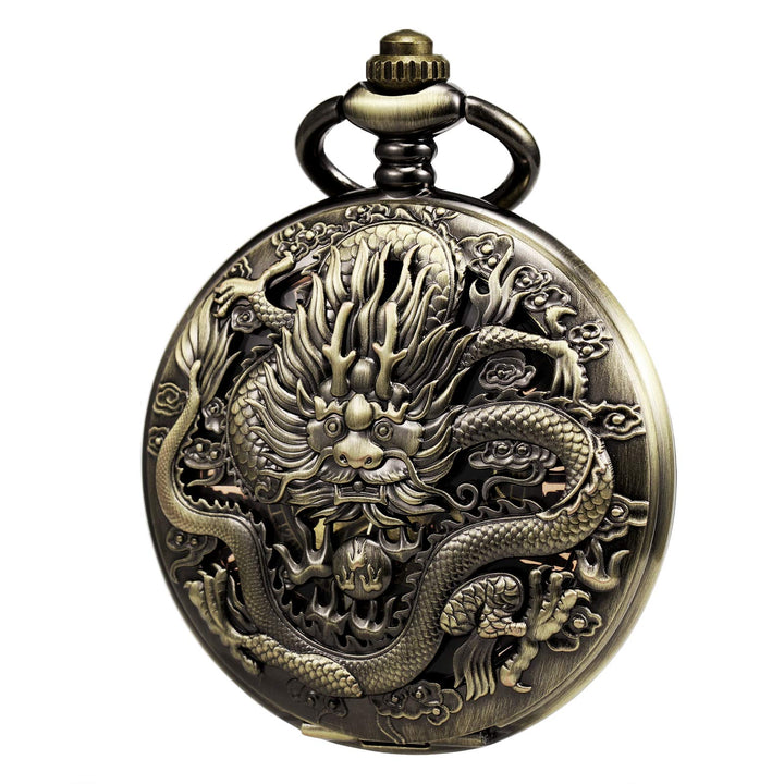 TREEWETO Taschenuhr mit Kette Herren Analog Mechanisch Handaufzug Doppelscharnier Antik Drache Römis