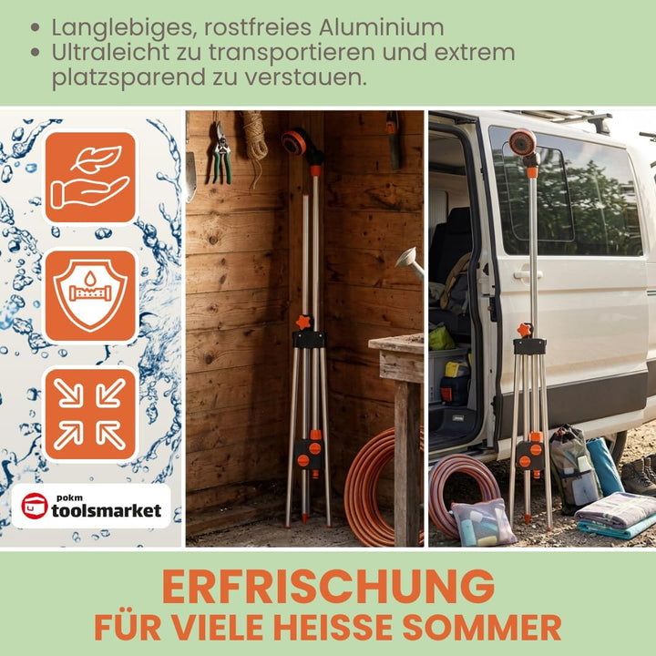 Verstellbare Gartendusche mit 3 Funktionen Höhe 150–210 cm | Tragbare 3in1 Aussendusche mit Alu-Drei