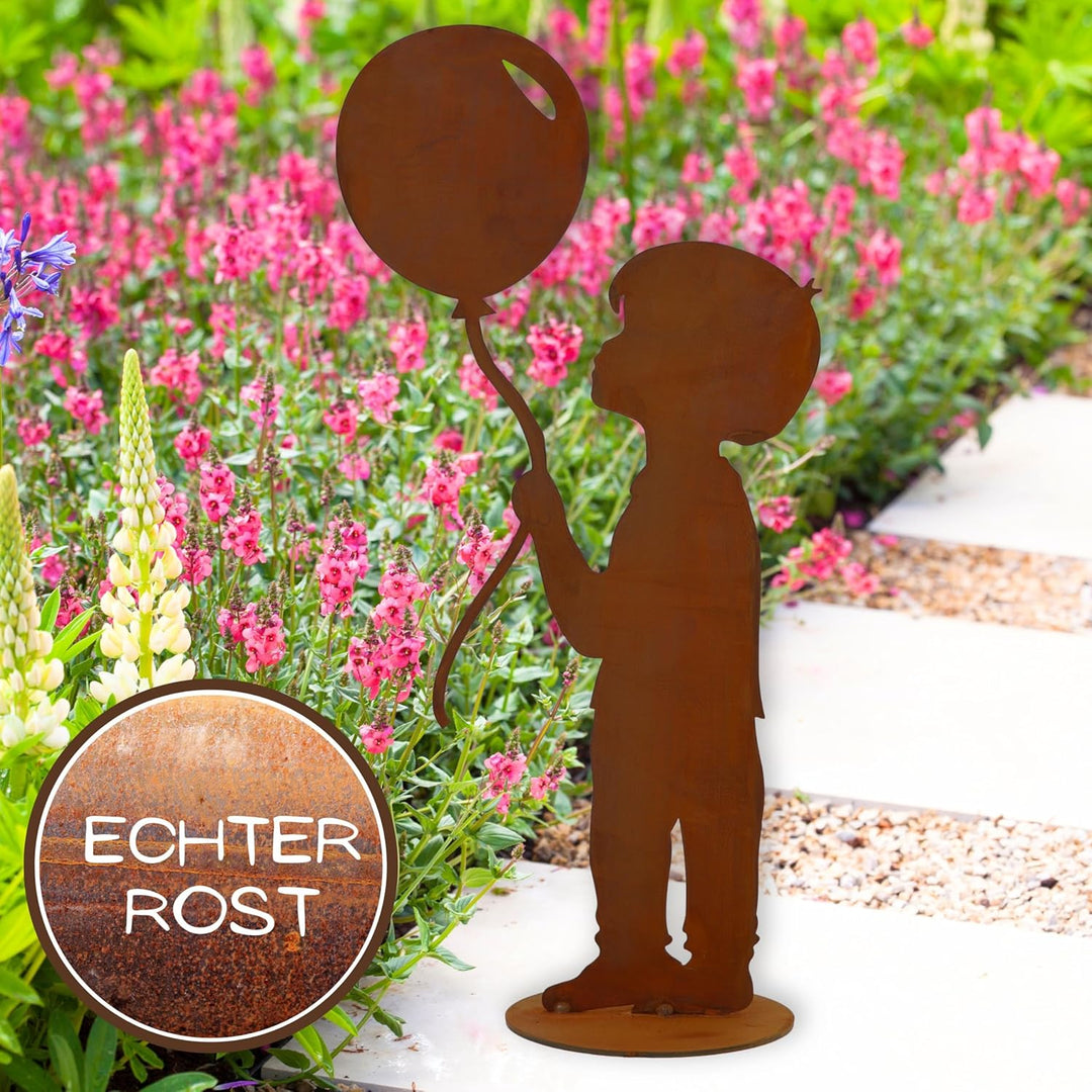 Rostikal Dekofigur Junge mit Luftballon 52 cm Vintage Gartendeko Figur Rost Deko Metall ohne Name Ju