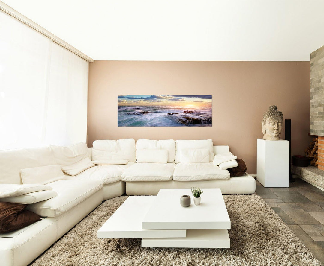 Augenblicke Wandbilder Leinwandbild als Panorama in 150x50cm Meer Felsen Wellen Sonnenstrahlen