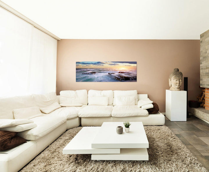 Augenblicke Wandbilder Leinwandbild als Panorama in 150x50cm Meer Felsen Wellen Sonnenstrahlen