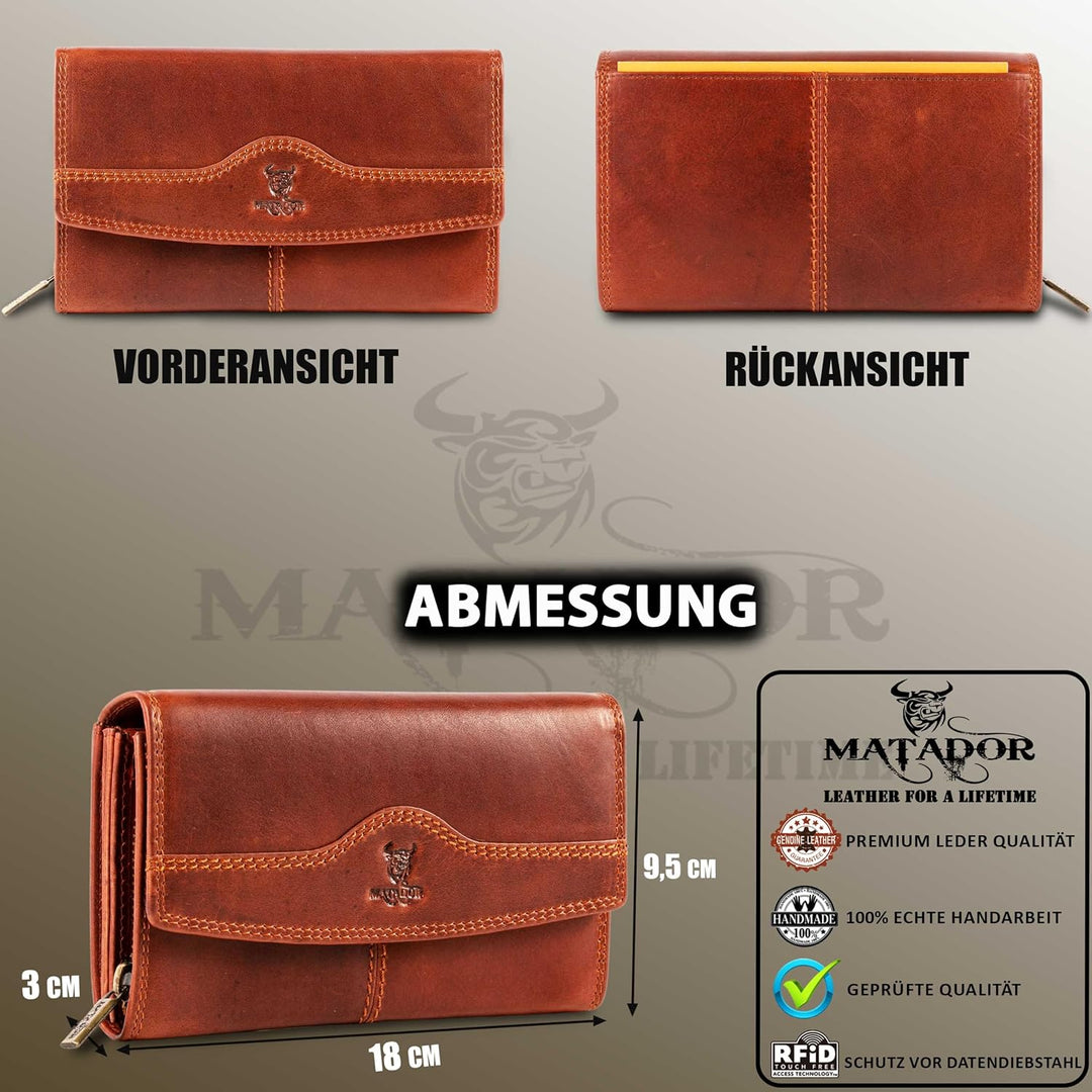 MATADOR Geldbörse Damen Echtleder TüV Geprüfter RFID Schutz | Portemonnaie Damen Gross | Brieftasche