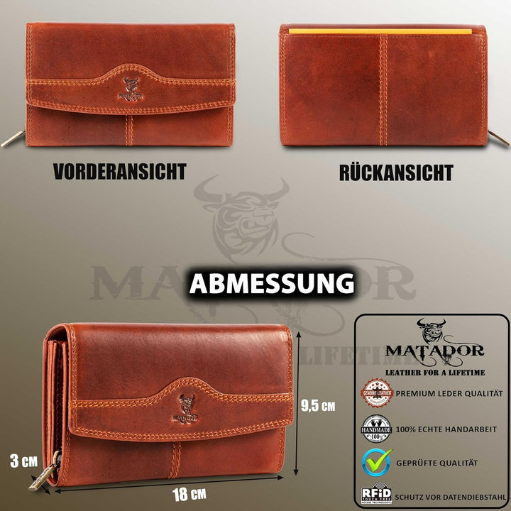 MATADOR Geldbörse Damen Echtleder TüV Geprüfter RFID Schutz | Portemonnaie Damen Gross | Brieftasche