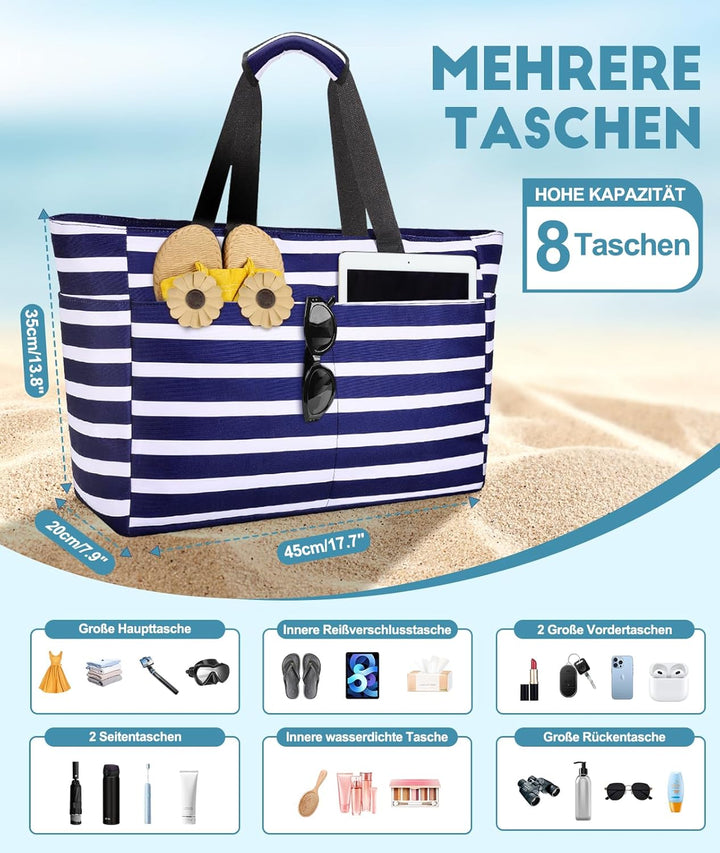 ISEYOU Strandtasche XXL Familie, Gross Strandtasche mit Reissverschluss Wasserdicht Sanddicht, Handt
