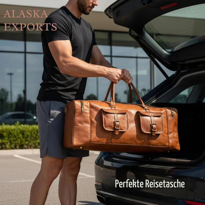 ALASKA EXPORTS Harvey Echtes Leder Holdall Duffel Gym Weekender Gepäck Reise Schulter Vintage Tasche