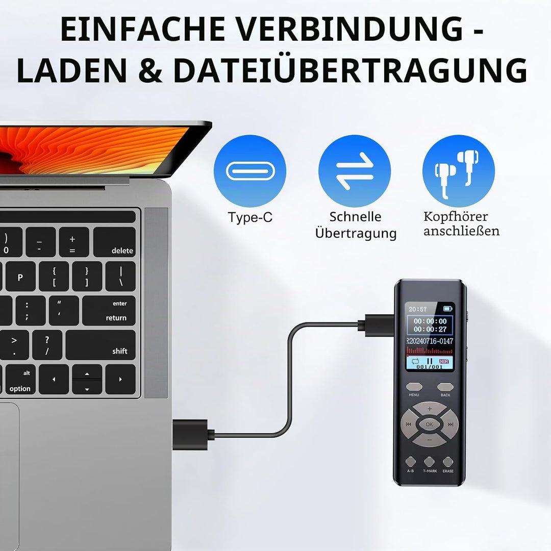 Digitales Diktiergerät mit MP3-Player, 64 GB, für Meetings, Interviews und Vorlesungen, A-B-Loop-Wie