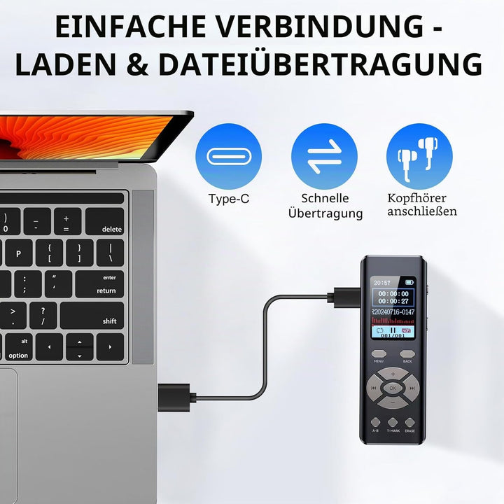 Digitales Diktiergerät mit MP3-Player, 64 GB, für Meetings, Interviews und Vorlesungen, A-B-Loop-Wie