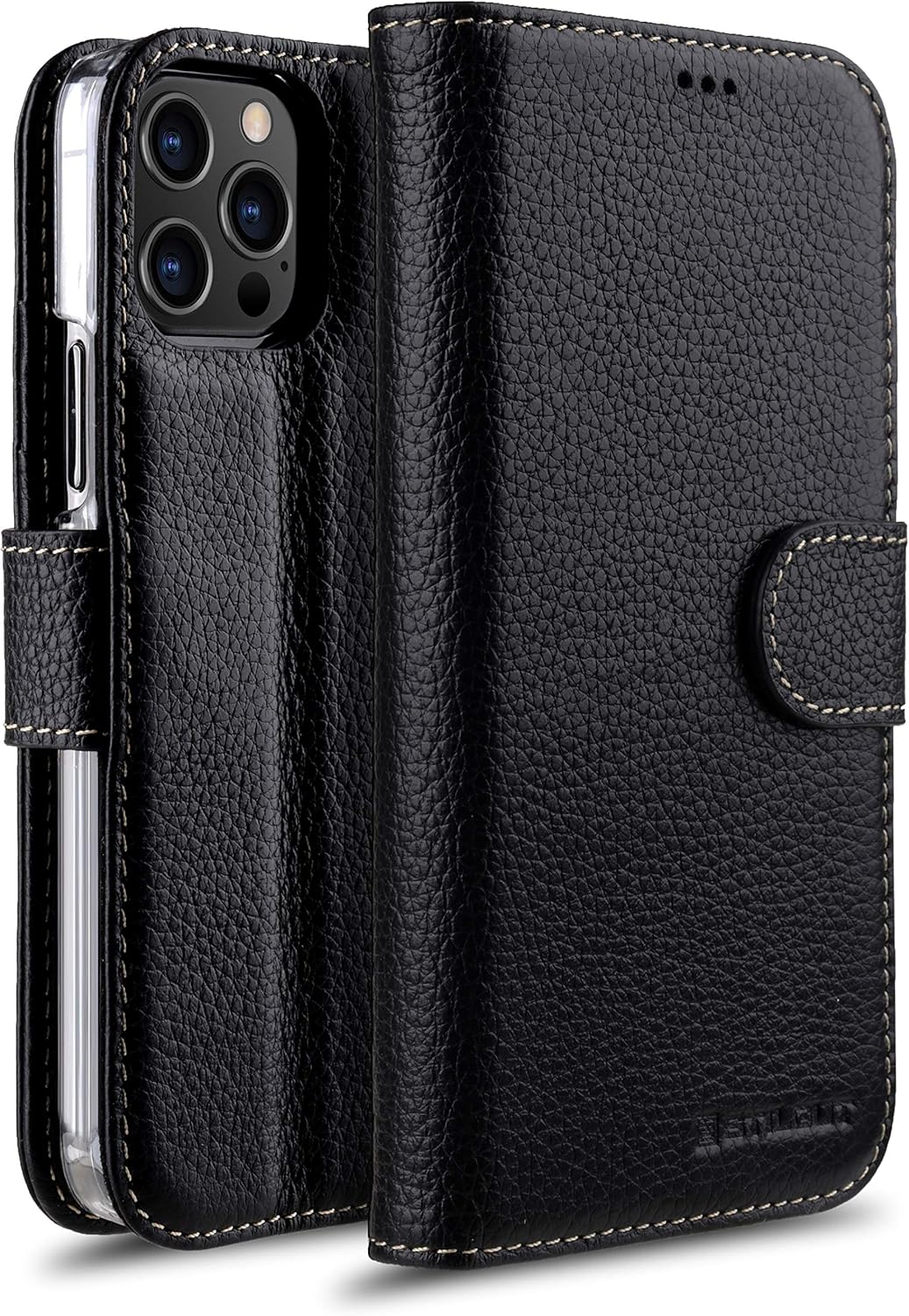 STILGUT Talis kompatibel mit iPhone 12/12 Pro (6.1“) Hülle mit Kartenfach aus Leder, Flip Cover, Wal