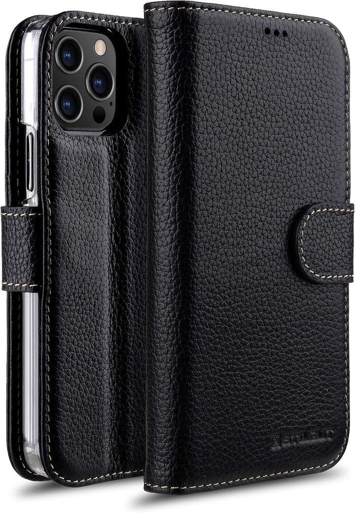 STILGUT Talis kompatibel mit iPhone 12/12 Pro (6.1“) Hülle mit Kartenfach aus Leder, Flip Cover, Wal