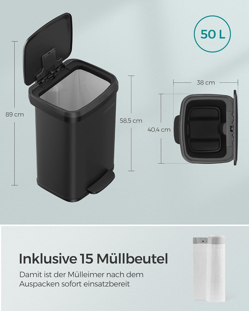 SONGMICS Mülleimer Küche, 50 Liter Abfalleimer, Tretmülleimer aus Metall, mit Deckel, hoch, schmal u