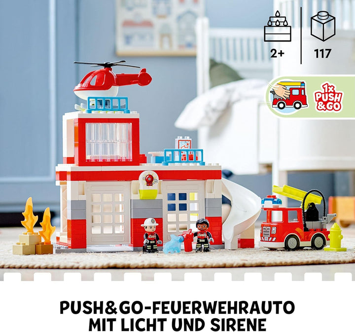 LEGO 10970 DUPLO Feuerwehrwache mit Hubschrauber, Feuerwehr-Spielzeug für Kleinkinder ab 2 Jahre mit