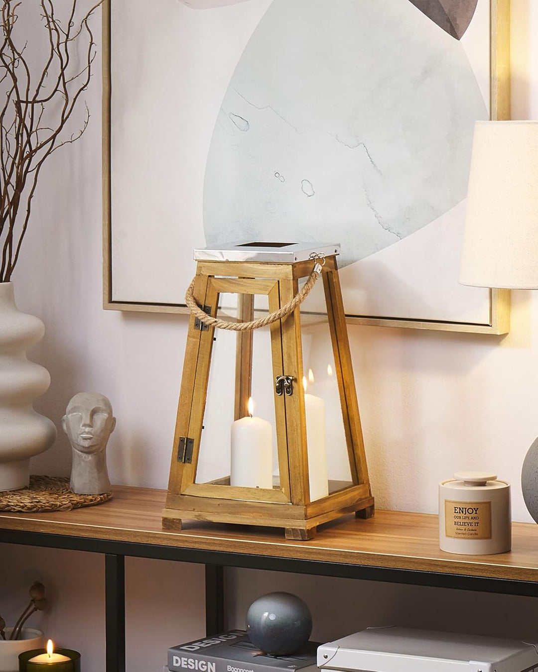 Holzlaterne Kiefernholz H: 39 cm Windlichtlaterne Sicherheitsglas braun Pulau
