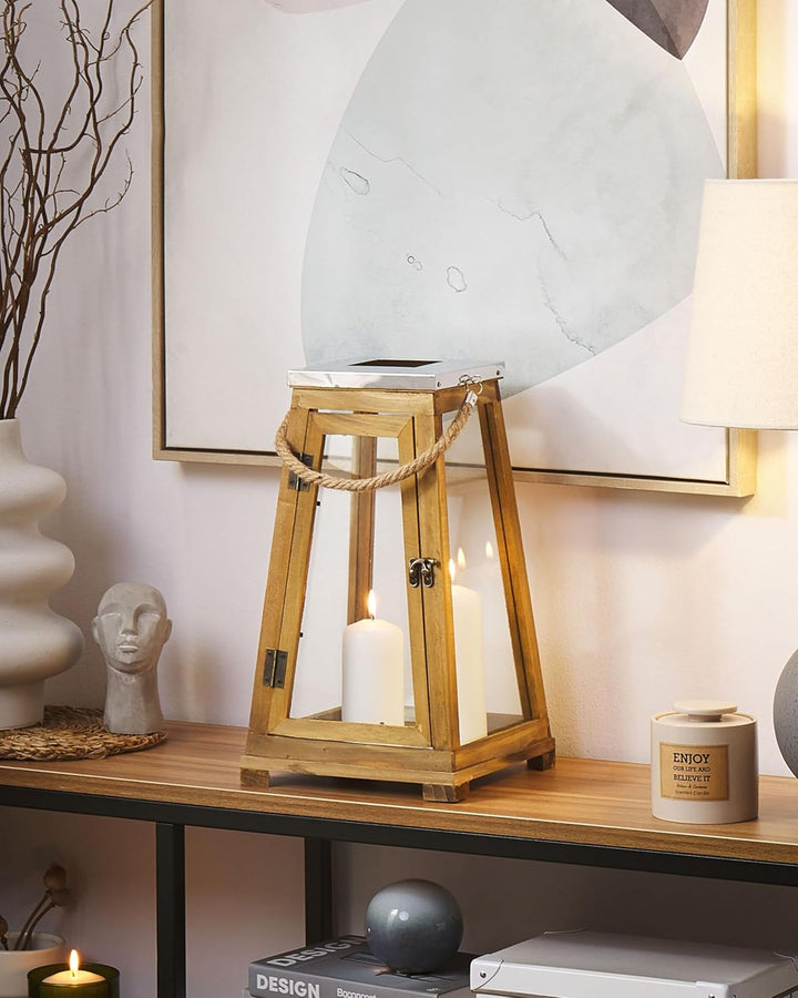 Holzlaterne Kiefernholz H: 39 cm Windlichtlaterne Sicherheitsglas braun Pulau