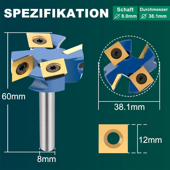 Planfräser 8mm Schaft 4 Zähne Ø 38.1mm Planfräser für oberfräse Hobmlfräser mit Wendeplatten Nutfräs