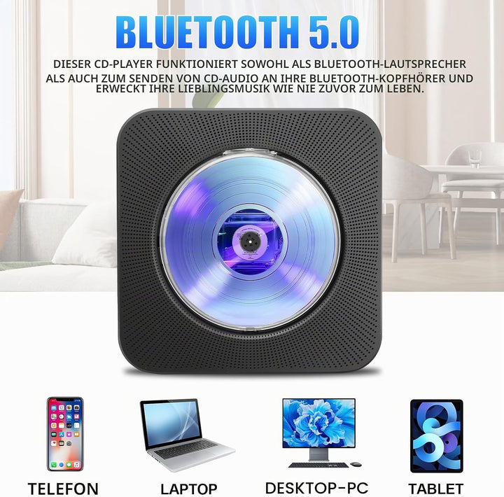 Tragbarer CD-Player für Zuhause mit Lautsprechern - Bluetooth Desktop CD-Player Eingebaute HiFi-Laut